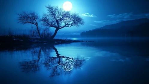 Moonlit lake landscape reflects bare trees in deep blue.