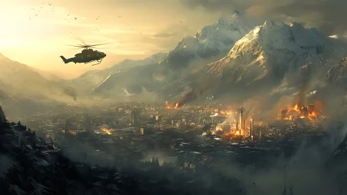 Helicopter surveys burning mountain city at smoky dusk.