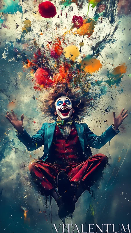 Colorful clown in midair with explosive paint burst above