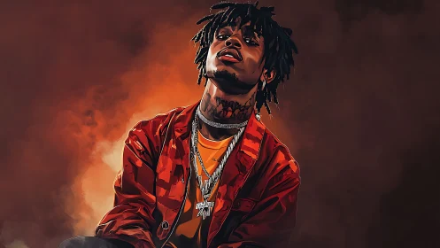 Digital portrait of streetwear artist in fiery orange glow.