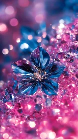 Blue crystal flower amid pink and blue bokeh field.
