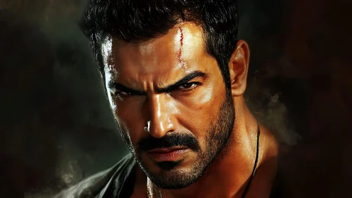 Intense hero’s scarred gaze holds powerful, unspoken resolve