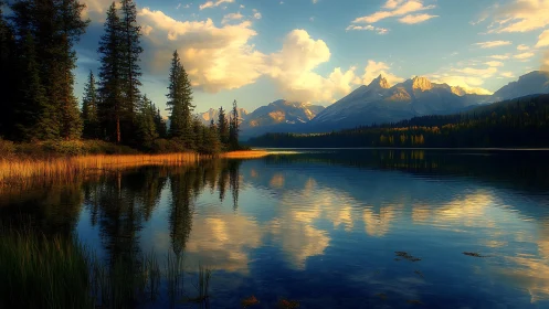 Sunlit alpine lake with mirrored mountains at golden hour.
