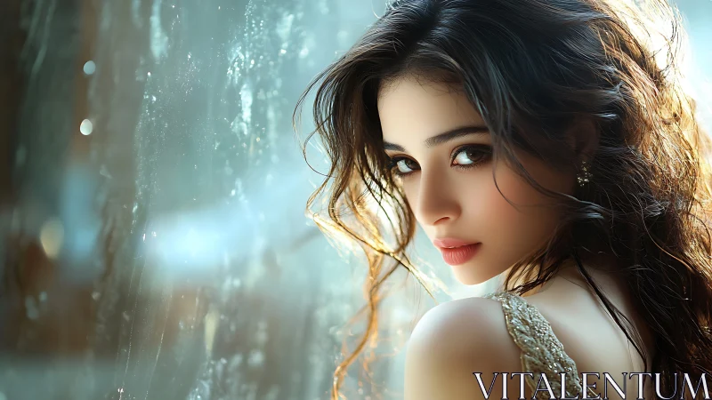 Cinematic portrait of luminous woman beside misted glass.