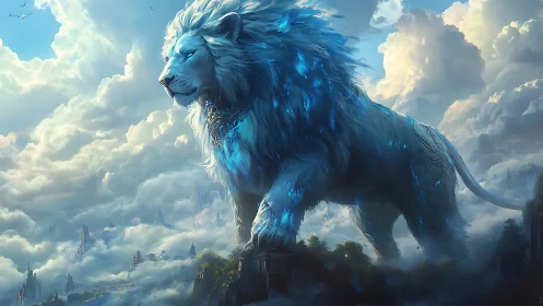 Skyborn crystal lion strides above misty fantasy kingdoms