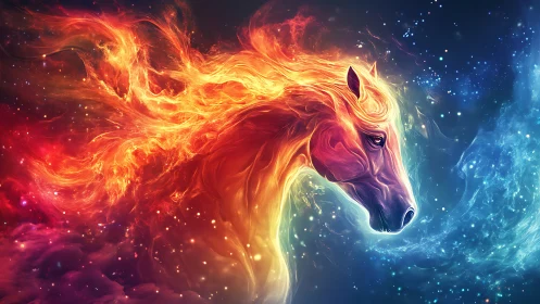 Fiery cosmic horse portrait amid swirling nebulae.