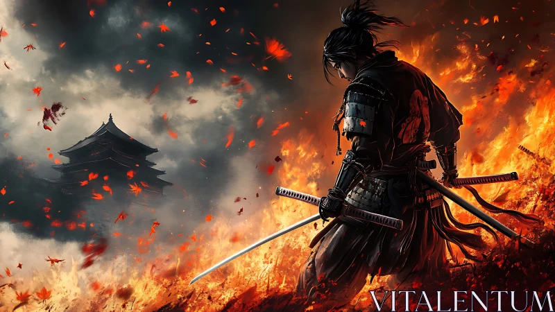 Lone samurai confronts burning battlefield under stormy skies.