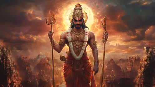 Divine warrior figure before temple city under storm sky.