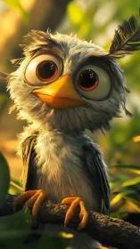 Stylized cartoon bird perched on branch in soft daylight.