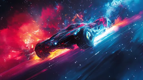 Aerodynamic neon racer slices through bifurcated cosmic plasma field