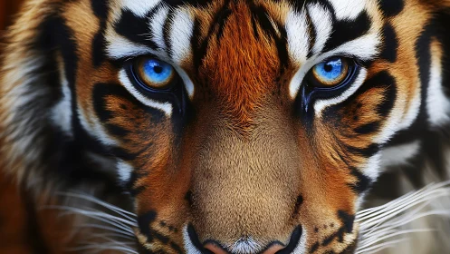 Ultra close tiger portrait with saturated blue reflective eyes