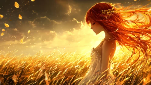 Red haired girl in golden wheat field at sunset light.