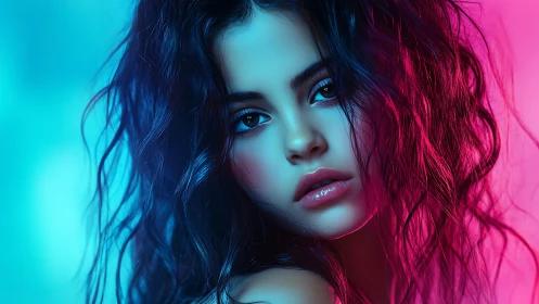 Neon-lit portrait captures soulful gaze in electric twilight