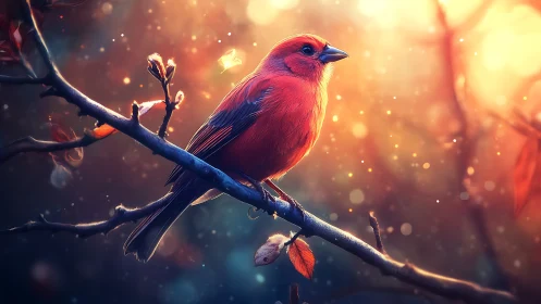 Vibrant Red Bird on Branch in Magical Autumn Light, Digital Art.