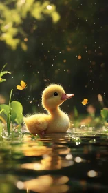 Cute yellow duckling in pond with butterflies at sunset.