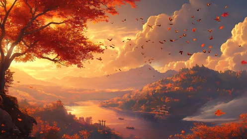 Digital autumn valley landscape shows river, hills and birds