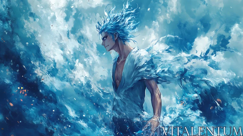 Male anime figure stands amid turbulent blue abstract field