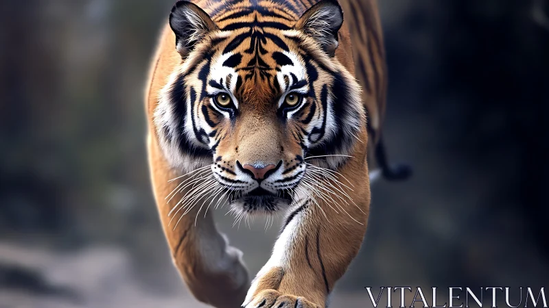 Frontal tiger stride captured with shallow depth and motion cue
