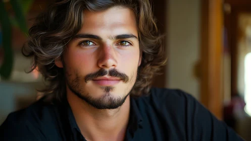 Sunlit gaze of a tousled-haired man in quiet focus.