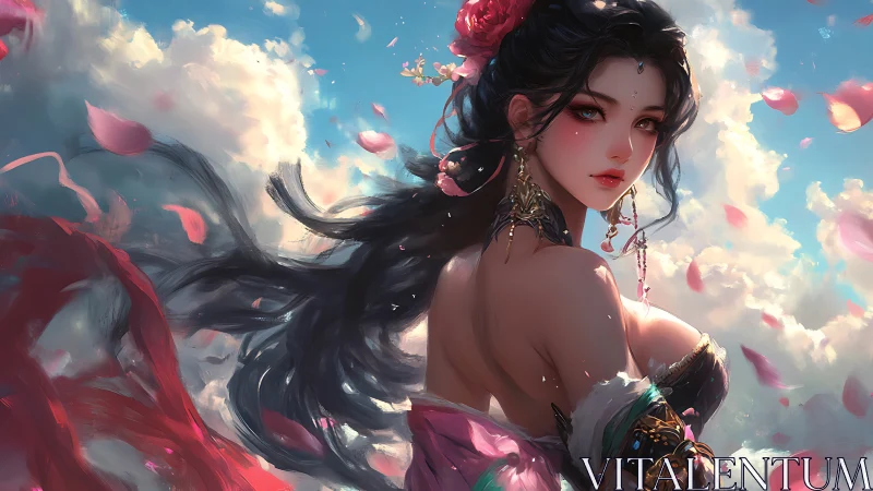 Elegant fantasy maiden turns amid swirling cherry petals
