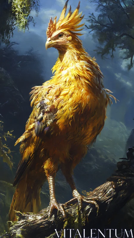 Golden feathered bird stands on branch in dense forest
