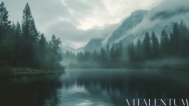 Mist-draped mountain lake wrapped in quiet morning calm.