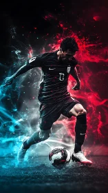 Football player dribbles ball amid red and blue light effects