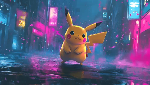 Pikachu stands in neon cyberpunk city street at night.