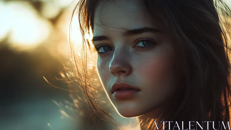 Soft sunset portrait of a thoughtful freckled young woman.