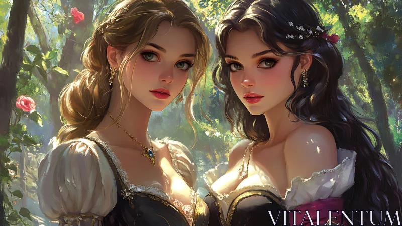 Two Elegant Women in Fantasy Forest, Romantic Realism Digital Art.