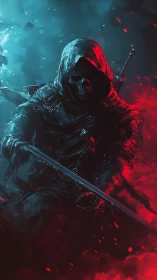 Hooded reaper swordsman divides blue frost from crimson fire.