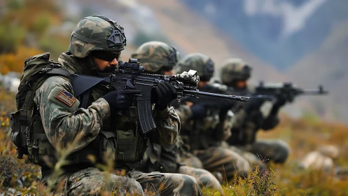 Infantry fireteam in camouflaged combat gear, mountain patrol