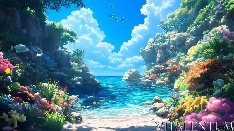 Sunlit tropical cove opens to a tranquil crystal ocean