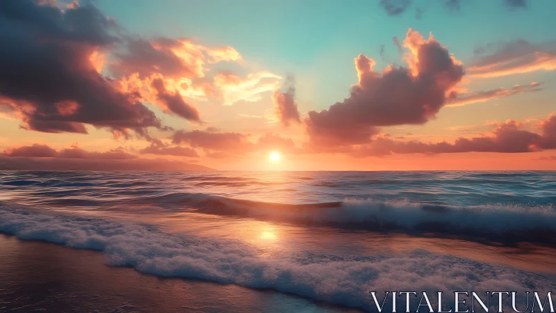 High-saturation ocean sunset with low surf and cumulus clouds