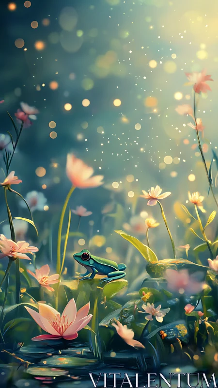 Bioluminescent pond with stylized tree frog and bokeh fireflies