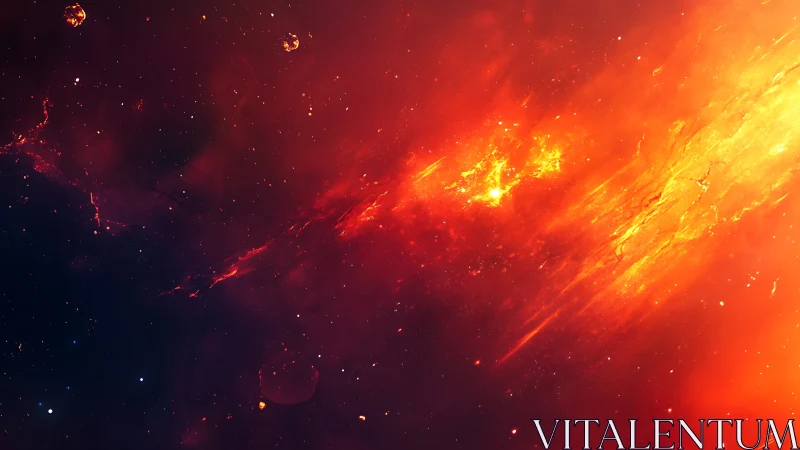 Fiery cosmic nebula streams blaze across deep space.