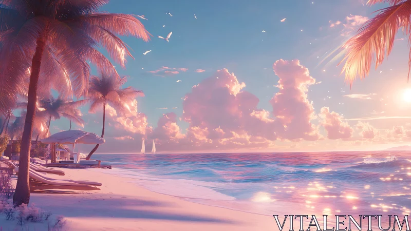 Tropical shoreline with palm trees under pink sunset light.