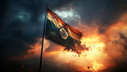 Indian flag waves against dramatic storm-lit sky.