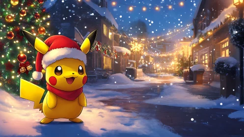 Santa hat Pikachu strolling through storybook snowfall.