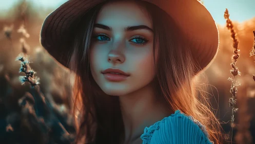 Sunlit blue eyed muse in dreamy golden meadow twilight.