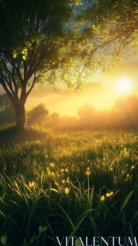 Sunlit meadow glows beneath lush trees at golden sunrise.