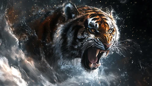 Storm-born tiger roars through shattered waves of starlight.