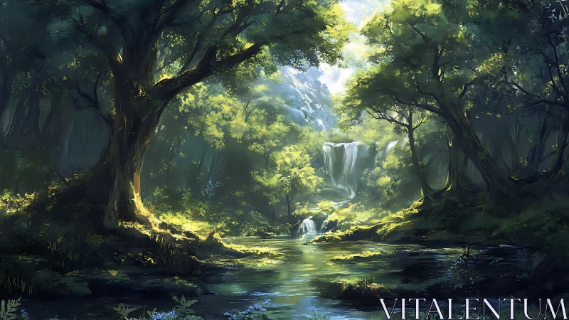 Forest Canyon with Cascading Waterfall and Luminescent Canopy Architectural Composition