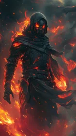 Ember-eyed wraith strolls calmly through a storm of fire