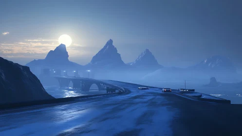 Moonlit Arctic highway bends through cobalt misted peaks.