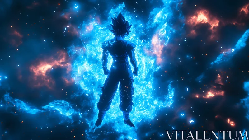 Silhouetted fighter stands in blue energy field in space