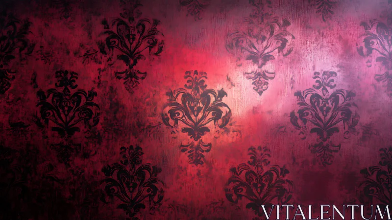 Baroque damask silhouettes drift across burning crimson haze.