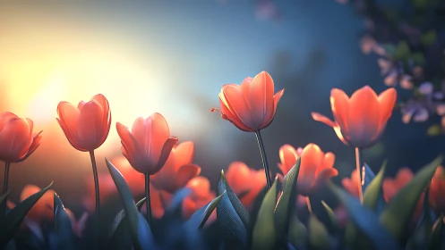 Red Tulips Backlit by Golden Sunrise.
