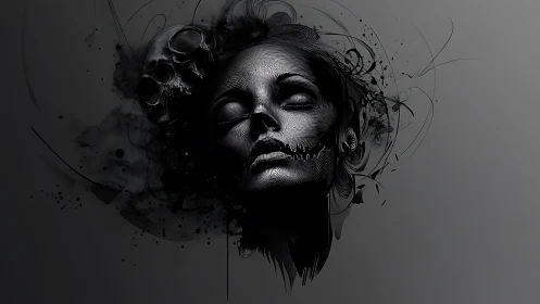 Female face merges with skull in monochrome abstract digital art