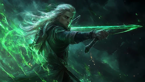Elf warrior channels emerald energy through spectral blade.